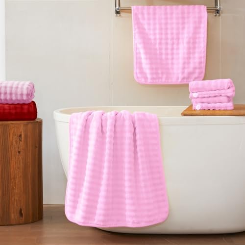 COZYART Lint Free 8 Pcs Bathroom Towels Set Ultra Soft Microfiber Pink - Image 7