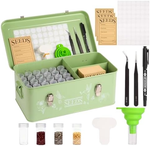 60 Slots Seed Organizer Storage Box with 3 Compartments,Large Metal Garden Seed Organizer with Lid&Safety Locks,Seed Saver Bin 50 Plant Labels 60 Seed Envelopes,Professional All-In-One Seed Saving Kit by fertilfy