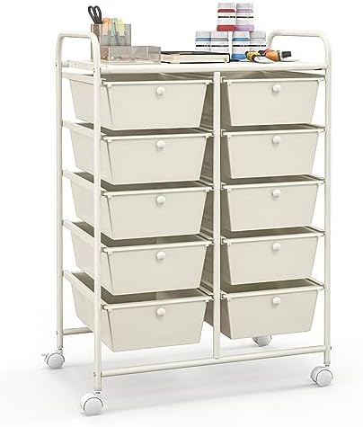 Giantex 10 Drawers Rolling Cart, Classroom Organizers, Storage Cart with Wheels, for Teacher Office Home School Supplies Tool Craft Art Paper, Ivory Color by Giantex