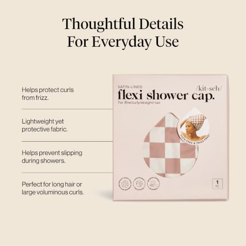 Kitsch Luxury Satin-Lined Flexi Shower Cap for Women - Terracotta Checker - Image 5