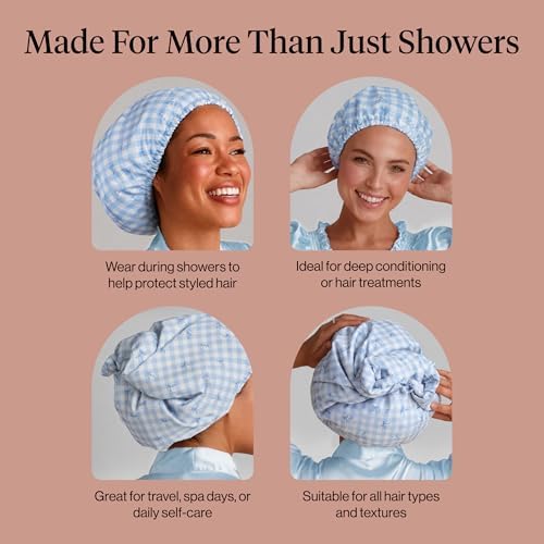 Kitsch Luxury Satin-Lined Flexi Shower Cap for Women - Gingham Blue - Image 3