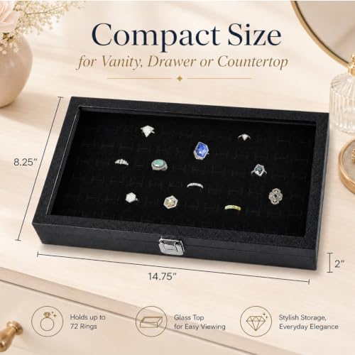 Huji Glass Top Ring Display Showcase With Velvet Insert Liner Jewelry Organizer (1, 72 Slot Case) - Image 3