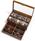 Watch Case Box for Men - Ultra-thin Frame Wide Display 14 Slots 2-Layer Wooden Grain Watch Sunglass Storage Organizer, Real Glass Lid Display Case Gift for Dad Husband by Sensok