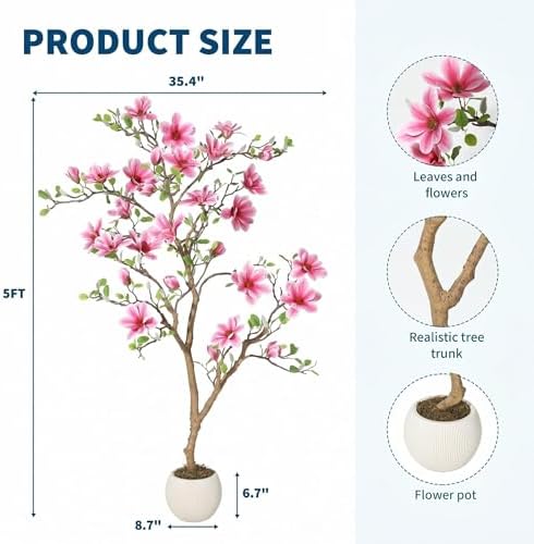 Artificial Magnolia Tree with Soft Pink Blooms, 5FT,Lifelike Faux Magnolia Tree in Pot, Silk Artificial Flowering Tree for Indoor Home Decor, Living Room, Office, Bedroom, Entryway - Image 3