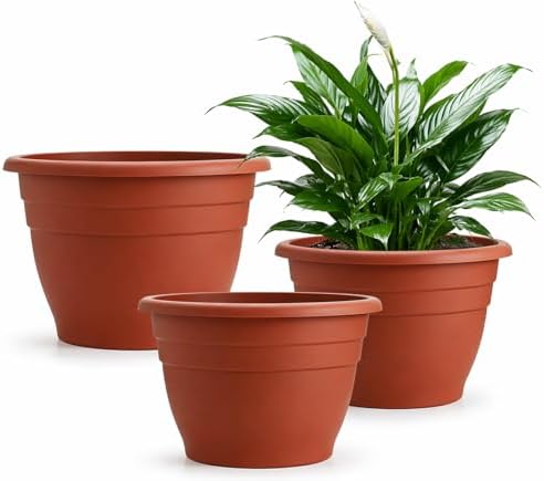 RooTrimmer 3 Pack 11 Inch Plant Pots Lightweight Planters with Drainage Holes,Durable Indoor & Outdoor Flower Pots for Garden,Patio & Home Decor(Pottery Red) by RooTrimmer