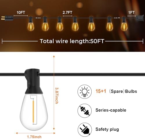 GvvooHome Outdoor String Lights, 50FT LED Waterproof Patio Lights - Image 6