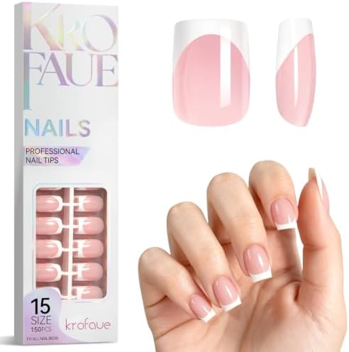 Krofaue French Tip Nails - Press On Nails Short Square Glossy by krofaue
