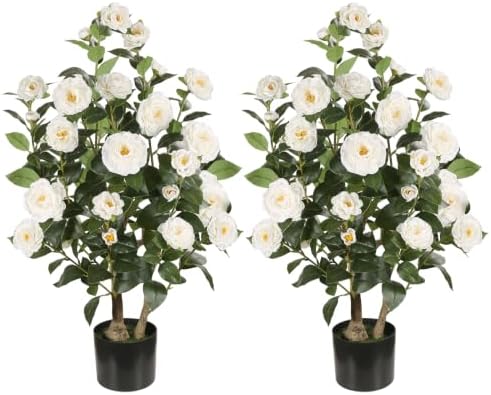 3FT Artificial Camellia Tree, White Flowers, 2 Pack by Gicbzkoz