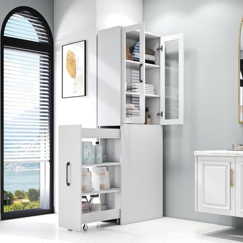 4-Tier Glass Door Display Storage Cabinet Pull-Out Kitchen Pantry,White by Unknown