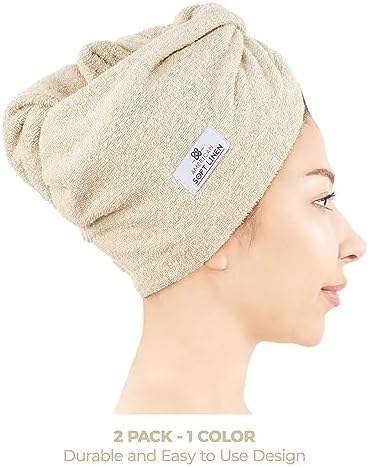 American Soft Linen 100% Cotton Hair Towels for Women, Head Towel Cap, Cotton Hair Turban Towel Wrap for Long Curly Anti Frizz Hair, Soft and Absorbent Cotton Hair Towels 2 Pack, Beige - Image 2