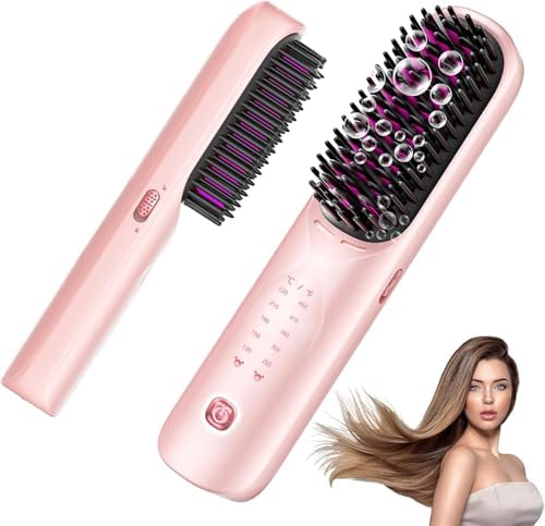 Cordless Hair Straightener Brush, Ionic & Anti-Frizz, Ceramic Tourmaline MCH Fast Heating, Anti-Scald, 4000mAh Type-C Fast Charging, Portable Hot Comb for Women (Poppy Pink) by Unknown