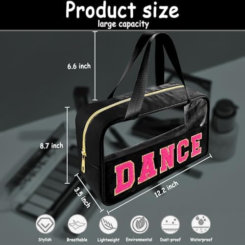 Bunliuys Chenille Letter Clear Makeup Bag Dance Patch, Travel Toiletry Makeup Bag with Handle, Nylon Waterproof Makeup Bags clear cosmetic bag, preppy patch makeup bag for Women (DANCE-Black) - Image 2