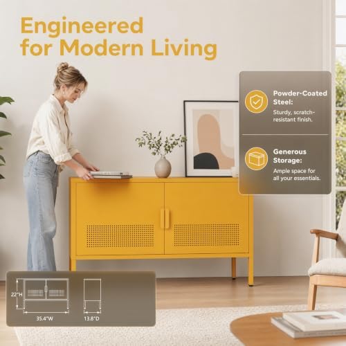 Wide Metal TV Stand with Ventilated Mesh Doors and Adjustable Shelf, Low Media Console Accent Cabinet Locker, Yellow Multifunctional 2 Door Cabinet for Living Room Bedroom Home Office - Image 5