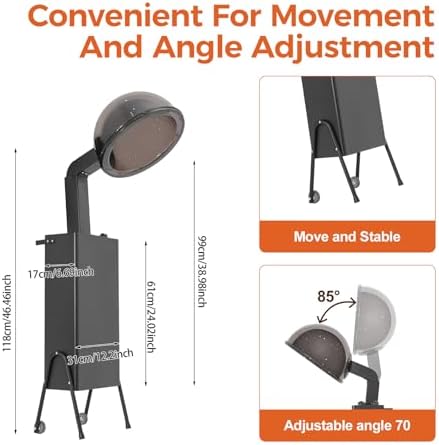 Hair Dryer for Salon Use - 1200W Freestanding Blow Dryer with Wheels, Adjustable Timer & Temperature, Large Hood, Commercial-Grade Hair Dryer - Image 5