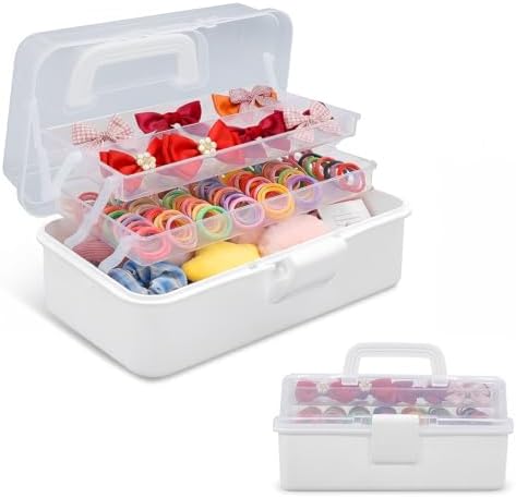 neotidy Hair Accessories Organizer for Girls, 3 Layer Hair Organizer Storage Box with Dividers & Handle, Hair Tie Organizer & Hair Product Organizer Case, Kids Hair Accessories Organizer, White by Unknown