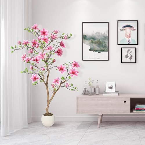 5 Inch Artificial Magnolia Tree with Pot, Faux Flower Tree with Pink Magnolia Blooms and Green Leaves, Potted Artificial Plant for Living Room, Bedroom, Office, Entryway, Store, Home Dector - Image 5