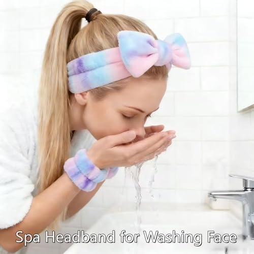 7 Pcs Spa Set, Facial Headband and Wristband Set, Skincare Accessories, College Style Girl Idea Gifts, Hair Accessories for Women and Girls（Tie Dye） - Image 4