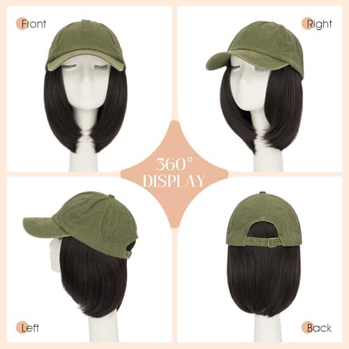 Rich Choices Hat Wigs for Women,Olive Green Baseball Cap with Hair Extensions for Women,Short Bob Hairstyle Caps with Straight Hair Attached Adjustable Baseball Cap Wig 6 Inch Dark Brown Hair - Image 4