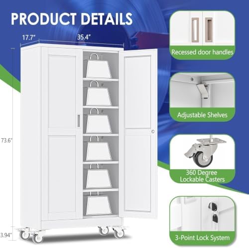 73.6" Metal Garage Storage Cabinet with Wheels and Locking Doors - Image 3
