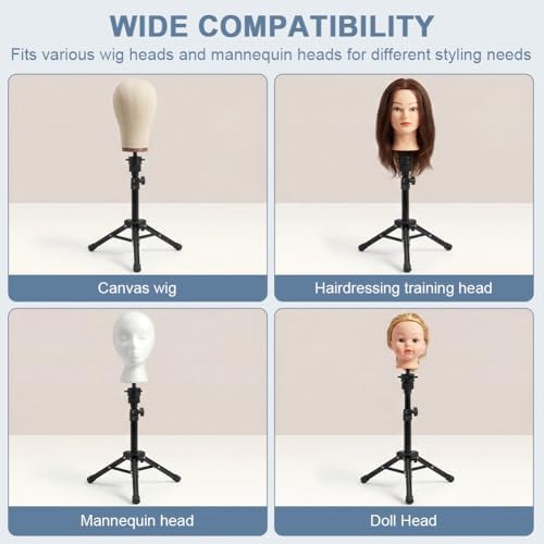 Mannequin Head Stand, 22 '' Height Adjustable Tripod Wig Stands for Styling, Wig Stand Tripod Tool Kit for Cosmetology Hairdressing Training with Caps, Pins, Comb, Hair Clips - Image 6