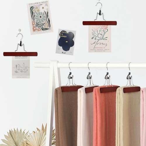 TOPIA HANGER 12 Pack Wooden Pants Hangers, Hair Extension Hangers Non Slip Skirt Hanger Wood Clamp with Velvet Padded 360° Swivel Hook for Jeans, Skirts, Trousers, Wigs Cherry CT67M - Image 4