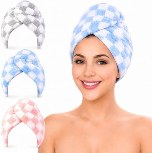 KELVO Microfiber Hair Towel Wrap for Women-Pack of 3, 350 GSM Super Absorbent Quick Dry Hair Turban Anti-Frizz Head Wrap for Curly, Long & Thick Hair Soft Hair Drying Towel (Checkered, Mixed Color) by Unknown