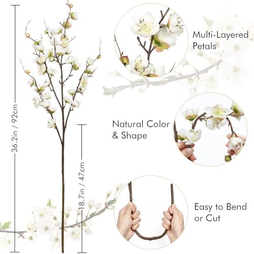 Waipfaru 4 Pcs Faux Cherry Blossom Branches, 36'' Cherry Blossom Tree Decor with Long Stems, Artificial Flowers for Tall Vases Spring Home Decoration (White) - Image 6