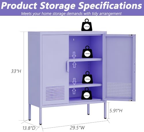 Purple Metal Accent Cabinet, 33" H Industrial 2-Door Steel Sideboard with 2 Adjustable Shelves, Ventilated Freestanding Storage Organizer for Living Room, Bedroom - Image 2