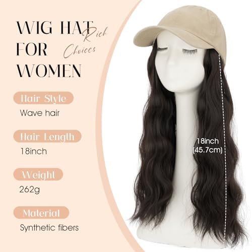 Rich Choices Hat Wigs for Women,Khaki Baseball Cap with Hair Extensions for Women,Caps with Wavy Curly Synthetic Long Hair Attached Adjustable Baseball Cap Wig 18 Inch Dark Brown Hair - Image 2