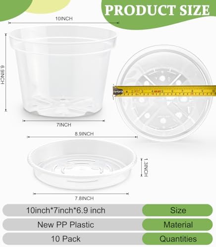 10 Pack 10 Inch Clear Nursery Pots with Saucers, Transparent Sturdy Plastic Plant Pots, Large Gardening Pots with Drainage Hole, Planting Starter Pot for Indoor Outdoor Flowers Herbs Vegetables - Image 2