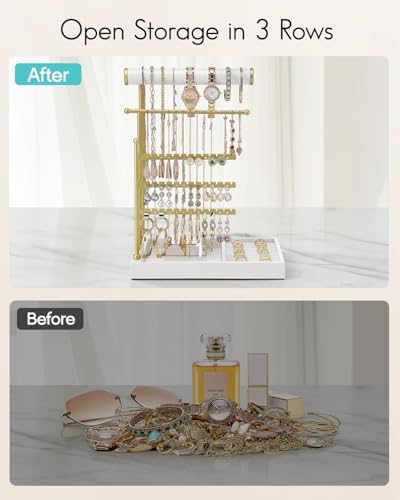 VLANDO Jewelry Stand Organizer with Ring Holder, Jewelry Holder Organizer with Tray, Necklace Holder Bracket Holder Earring Holder - White - Image 7