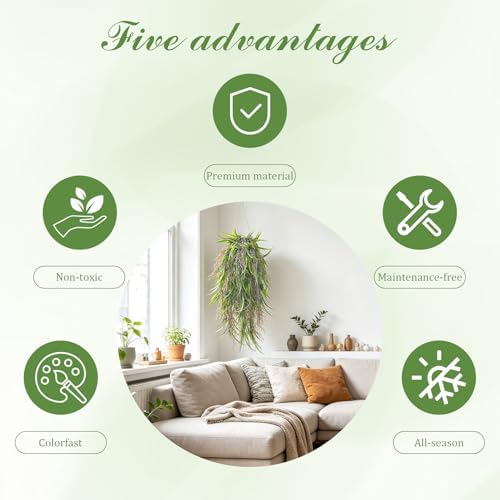 4Pcs Fake Hanging Fern Plants for Outdoors, UV Resistant Artificial Ferns Greenery Vines Faux Trailing Plants for Indoor Wall Porch Wedding Boho Home Garden Decor(4PCS WhiteGreen Leaves) - Image 3