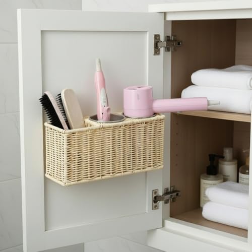 Hair Tool Organizer,Wall Mount Curling Iron Holder,Waterproof Wicker Hot Tools Organizer for Hair Dryer,Flat Irons,Curling Wands,Straighteners Storage,in Cabinet,Bathroom,Vanity (Nature) - Image 4