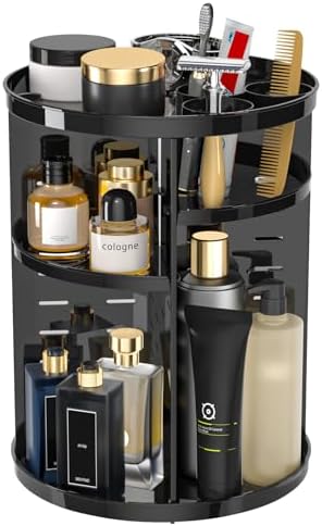 Rotating Makeup Organizer, DIY 8 Adjustable Layers Spinning Skincare Storage, Cosmetic Display Case with Brush Holder and Perfume Tray, Multi-Function Vanity Bathroom Countertop Organizer Black by Jiavarry