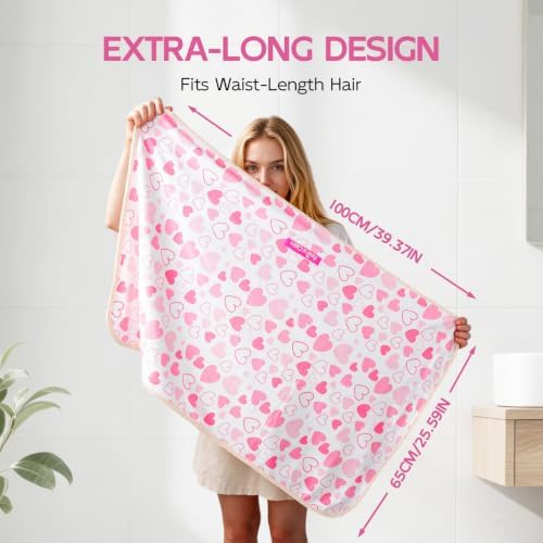 Years calm XL Microfiber Hair Towel Wrap for Women, Pink Heart - Image 5