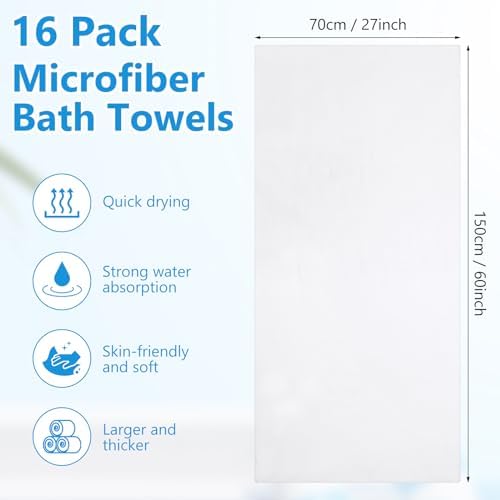 SmoothNovelty 16 Pack Microfiber Bath Towels Bulk, Simple, White - Image 2