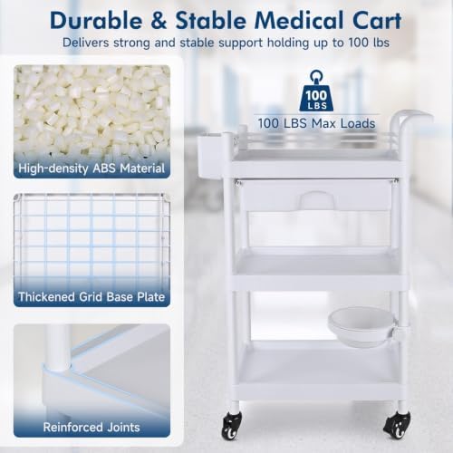 Medical Carts with Wheels 3-Tier Mobile Trolley Cart 100 LBS Max Load Medical Rolling Utility Cart with Drawers Dirt Basin Storage Buckets for Hospital Dental Clinic Lab Salon Home - Image 3