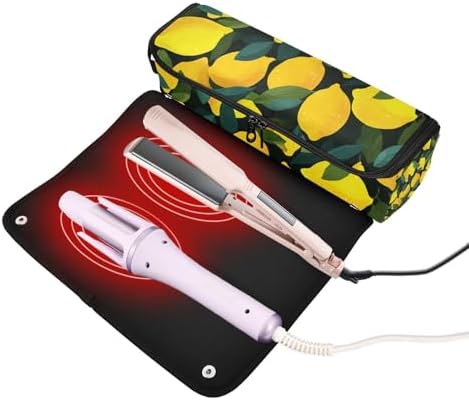 Hair Tools Travel Bag with Heat Resistant Mat 2-in-1 Hot Tools Travel Bag Organizer Flat Curling Iron Travel Case for Straightener Yellow Lemons Black - Image 2