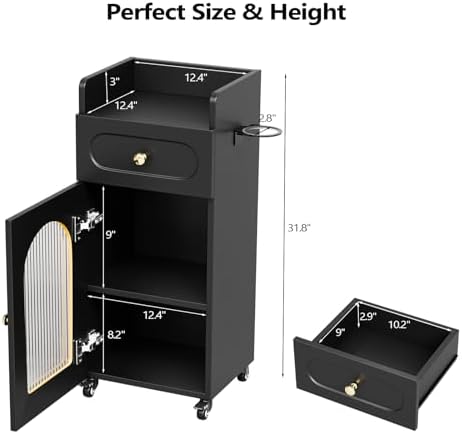 Salon Cart with Wheels & Adjustable Shelf, Black 3-Tier Rolling Beauty Trolley for Hair Stylist, Barber, Esthetician, Storage Cabinet w/Glass Door & Hair Dryer Holder, Mobile Station for Spa, Tattoo - Image 6