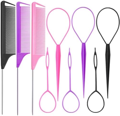 Luumxai 9pcs Topsy Hair Tail Tool and rat tail comb set,6pcs French Braiding Tool ring,3Pcs Metal Parting Combs,Woman Girl Hair Styling (Pink,Purple, Black) by Luumxai