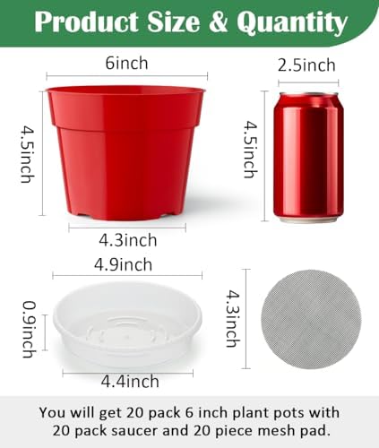 RooTrimmer 20 Pack 6 Inch Plant Pots, Thickened Plastic Flower Pots with 20 Pcs Water Collecting Trays, 20 Soil Block Mesh Pads, Red - Image 2