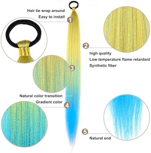 Ponytail Extension with Hair Tie 26'' Yellow Blue Gradient Braid Ponytail - Image 3