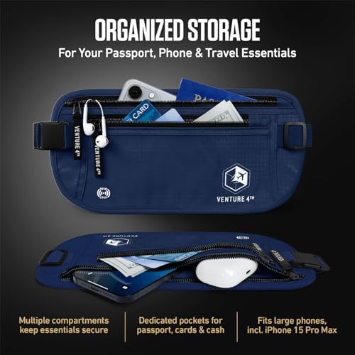 VENTURE 4TH Travel Money Belt, RFID Blocking Passport Holder - Navy Blue - Image 5