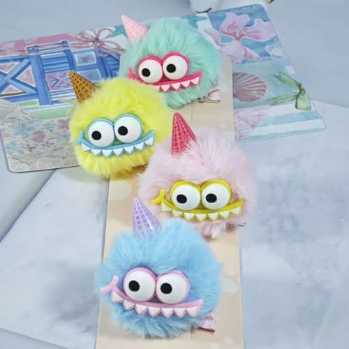 MIUPOO Fluffy Pom Poms Hair Clips,Crazy Hair Day Accessories for Girls,Quirky Little Monster Barrettes,Plush Duckbill Hairpins Hair Barrettes,Party Modeling Hair Accessories,Color Ice Cream Devil. - Image 4