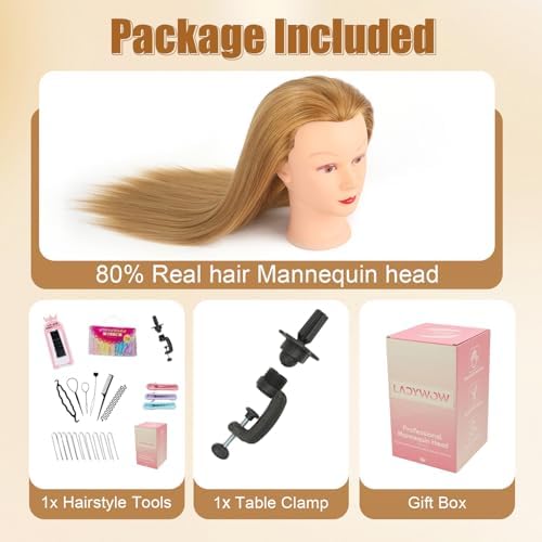 28 Inch Mannequin Head with 80% Human Hair Face Mannequin Head for Hair styling Practice - Curling, Braiding, Cutting Multiple Hair Colors with Table Clamp Stand for Kids and Professionals - Image 6
