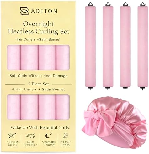 Heatless Curls Overnight, Velvet Heatless Hair Curler Set with Hook Closure – 4 Soft Hair Rollers Blowout Rods + Satin Hair Bonnet for Sleeping, Flexi Rods for Long Hair Women (B - PINK) by ADETON