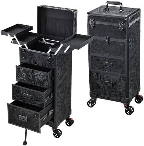 Stagiant Rolling Makeup Case with Drawers Cosmetology Case on Wheels 4 IN 1 Makeup Case 3 Drawers with Foot Stand Spring-release Mechanism Rolling Make Up Organizer for Artist Salon Nail Teach Trunk by Stagiant