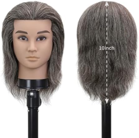 12 Inch Male Barber Mannequin Head, Salt Pepper Ash Gray White 100% Human Hair Training Head with Clamp Stand - Image 2