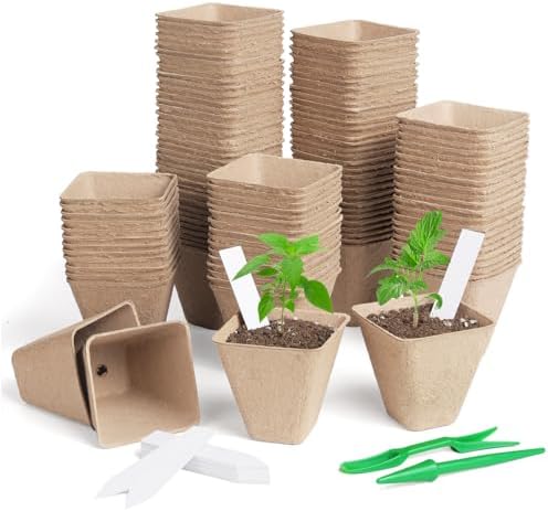 KOAMLY Square Peat Nursery Pots 150 Pcs 3in Biodegradable and Label, Used for Outdoor Gardens in Plant Nurseries by KOAMLY