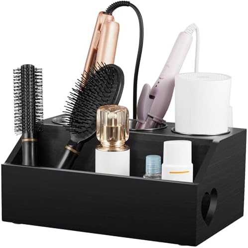 Bivvclaz Hair Tool Organizer, Wooden Hair Dryer Holder Wall Mount, Countertop Hot Tools Organizer for Hair Styling Accessories, Bathroom Supplies Vanity Caddy for Curling Wand, Blow Dryer, Black by Bivvclaz